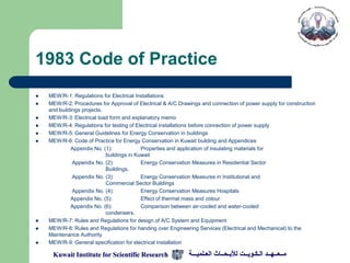 1983 Code of Practice
   MEW/R-1: Regulations for Electrical Installations
   MEW/R-2: Procedures for Approval of Electrical & A/C Drawings and connection of power supply for construction
    and buildings projects.
   MEW/R-3: Electrical load form and explanatory memo
   MEW/R-4: Regulations for testing of Electrical installations before connection of power supply
   MEW/R-5: General Guidelines for Energy Conservation in buildings
   MEW/R-6: Code of Practice for Energy Conservation in Kuwait building and Appendices
             Appendix No. (1):             Properties and application of insulating materials for
                            buildings in Kuwait
              Appendix No. (2):            Energy Conservation Measures in Residential Sector
                            Buildings.
              Appendix No. (3):            Energy Conservation Measures in Institutional and
                            Commercial Sector Buildings
              Appendix No. (4):            Energy Conservation Measures Hospitals
             Appendix No. (5):             Effect of thermal mass and colour
             Appendix No. (6):             Comparison between air-cooled and water-cooled
                            condensers.
   MEW/R-7: Rules and Regulations for design of A/C System and Equipment
   MEW/R-8: Rules and Regulations for handing over Engineering Services (Electrical and Mechanical) to the
    Maintenance Authority
   MEW/R-9: General specification for electrical installation

     Kuwait Institute for Scientific Research                ‫مــعــهــد الـكـويــت لألبـحــاث العـلميـــة‬
 