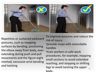 30
Repetitive or sustained awkward
postures, such as mopping
surfaces by bending, positioning
the elbow away from body, over-
extending during push and pull
movements and the figure-eight
method, excessive wrist bending
and twisting.
To improve postures and reduce the
risk of injury:
•provide mops with extendable
handles
•train workers in safe work
procedures, for example, mopping
small sections to avoid extended
reaching, and stepping or shifting
legs to avoid twisting the upper
body.
 