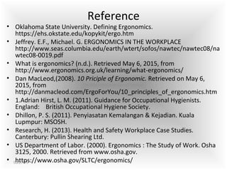 Reference
• Oklahoma State University. Defining Ergonomics.
https://ehs.okstate.edu/kopykit/ergo.htm
• Jeffrey. E.F., Michael. G. ERGONOMICS IN THE WORKPLACE
http://www.seas.columbia.edu/earth/wtert/sofos/nawtec/nawtec08/na
wtec08-0019.pdf
• What is ergonomics? (n.d.). Retrieved May 6, 2015, from
http://www.ergonomics.org.uk/learning/what-ergonomics/
• Dan MacLeod,(2008). 10 Priciple of Ergonomic. Retrieved on May 6,
2015, from
http://danmacleod.com/ErgoForYou/10_principles_of_ergonomics.htm
• 1.Adrian Hirst, L. M. (2011). Guidance for Occupational Hygienists.
England: British Occupational Hygiene Society.
• Dhillon, P. S. (2011). Penyiasatan Kemalangan & Kejadian. Kuala
Lupmpur: MSOSH.
• Research, H. (2013). Health and Safety Workplace Case Studies.
Canterbury: Pullin Shearing Ltd.
• US Department of Labor. (2000). Ergonomics : The Study of Work. Osha
3125, 2000. Retrieved from www.osha.gov.
• https://www.osha.gov/SLTC/ergonomics/05/27/15
 