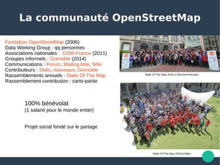 La communauté OpenStreetMap
Fondation OpenStreetMap (2006)
Data Working Group : qq personnes 
Associations nationales :  OSM-France (2011)
Groupes informels : Grenoble (2014)
Communications : Forum, Mailing liste, Wiki
Contributeurs : Stats, nouveaux, Grenoble
Rassemblements annuels : State Of The Map
Rassemblement contribution : carto-partie 
100% bénévolat
(1 salarié pour le monde entier)
Projet social fondé sur le partage 
State Of The Map 2016 à Clermont-Ferrand
State Of The Map 2018 à Milan
 