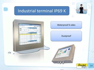 Robustesse (boitier métal ou inox, IP 65
et 69)
Industrial terminal IP69 K
Waterproof 6 sides
Dustproof
14
 