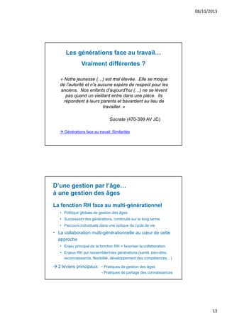 08/11/2013

Les générations face au travail…
Vraiment différentes ?
« Notre jeunesse (…) est mal élevée. Elle se moque
de l’autorité et n’a aucune espère de respect pour les
anciens. Nos enfants d’aujourd’hui (…) ne se lèvent
pas quand un vieillard entre dans une pièce. Ils
répondent à leurs parents et bavardent au lieu de
travailler. »
Socrate (470-399 AV JC)
 Générations face au travail: Similarités

D’une gestion par l’âge…
à une gestion des âges
La fonction RH face au multi-générationnel
• Politique globale de gestion des âges
• Succession des générations, continuité sur le long terme
• Parcours individuels dans une optique de cycle de vie

• La collaboration multi-générationnelle au cœur de cette
approche
• Enjeu principal de la fonction RH = favoriser la collaboration
• Enjeux RH qui rassemblent les générations (santé, bien-être,
reconnaissance, flexibilité, développement des compétences…)

 2 leviers principaux: - Pratiques de gestion des âges
- Pratiques de partage des connaissances

13

 
