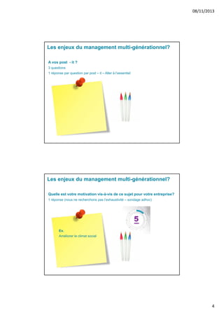 08/11/2013

Les enjeux du management multi-générationnel?
A vos post - it ?
3 questions
1 réponse par question par post – it – Aller à l’essentiel

Les enjeux du management multi-générationnel?
Quelle est votre motivation vis-à-vis de ce sujet pour votre entreprise?
1 réponse (nous ne recherchons pas l’exhaustivité – sondage adhoc)

Ex.
Améliorer le climat social

4

 