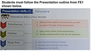 Students must follow the Presentation outline from FE1
shown below.
 