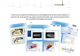 Notre sav   ir‐faire 
Notre philos   phie                                               Nos pr   0ils                     Nos recommandati   ns 
                       Notre s   ciété                                             Notre    ffre                             En sav   ir plus 




        « De la mise en place d’architectures au développement de sites web en =lash, en 
        passant par de la gestion de projet comme de l’audit, nous sommes experts dans 
                             les nouvelles technologies de pointe. » 
 