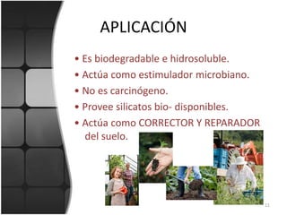 APLICACIÓN • Es biodegradable e hidrosoluble.• Actúa como estimulador microbiano.• No es carcinógeno.• Provee silicatos bio- disponibles.• Actúa como CORRECTOR Y REPARADOR del suelo.11