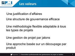 7
Une justification d’affaires
Une structure de gouvernance efficace
Une méthodologie flexible adaptable à tous
les types de projets
Une approche basée sur un découpage par
produit
Une gestion de projet par jalons
Les valeurs
 