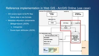 Reference implementation in Web GIS - ArcGIS Online (use case)
• I3S (scene layer) & SLPK files
− Same data in two formats
• Metadata allocation components
− Group feature (JSON)
○ Categories
− Scene layer attributes (JSON)
 