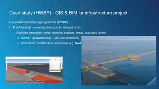 Case study (HWBP) - GIS & BIM for infrastructure project
Hoogwaterbeschermingprogramma (HWBP)
• The Afsluitdijk - widening the body & raising it by 2m.
− Activities examples: water pumping stations, roads, and body layers
○ Client: Rijkswaterstaat - GIS user (kernGIS)
○ Contractor: construction companies e.g. BAM
 