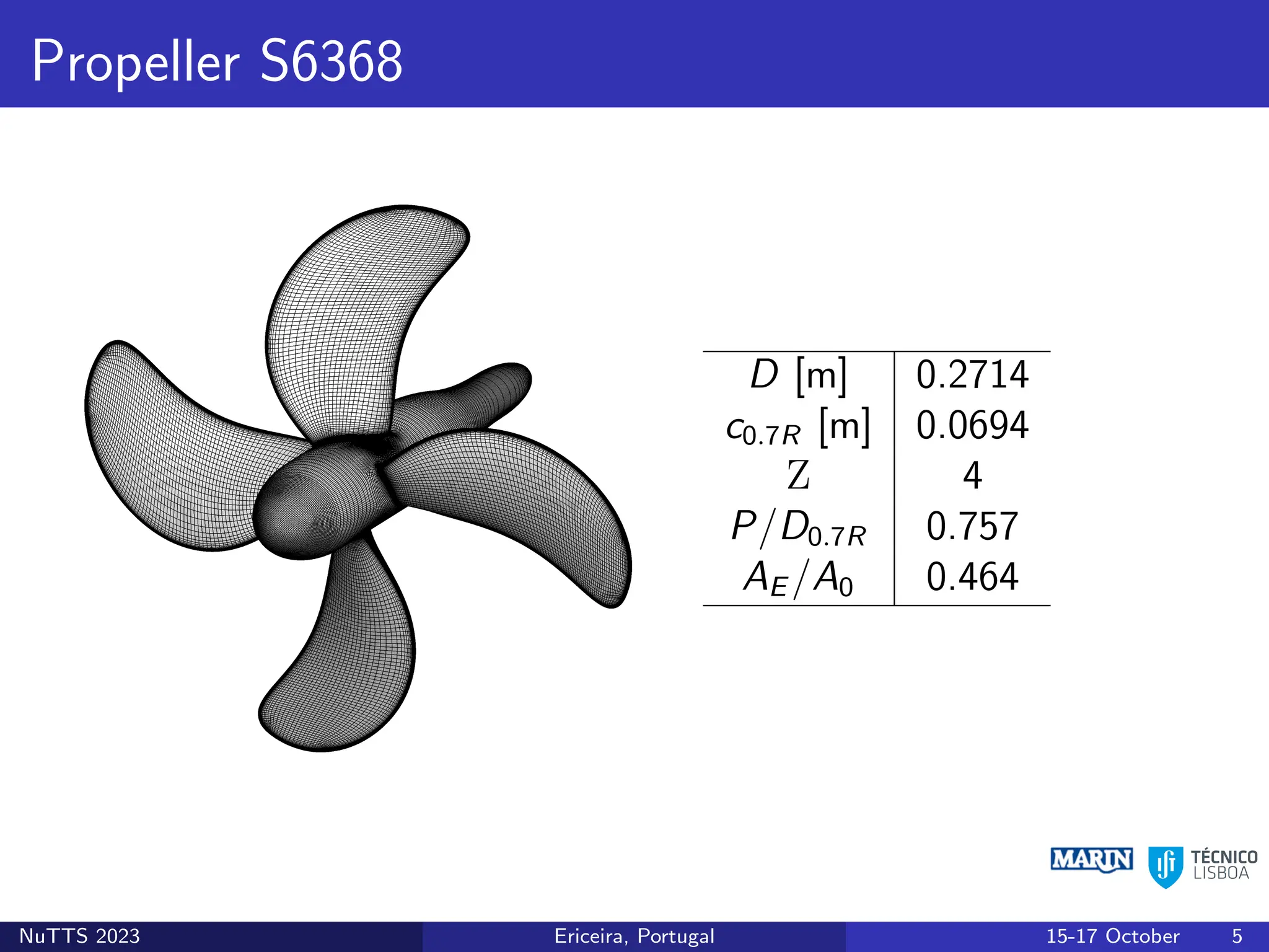Propeller S6368
D [m] 0.2714
c0.7R [m] 0.0694
Z 4
P/D0.7R 0.757
AE /A0 0.464
NuTTS 2023 Ericeira, Portugal 15-17 October 5
 