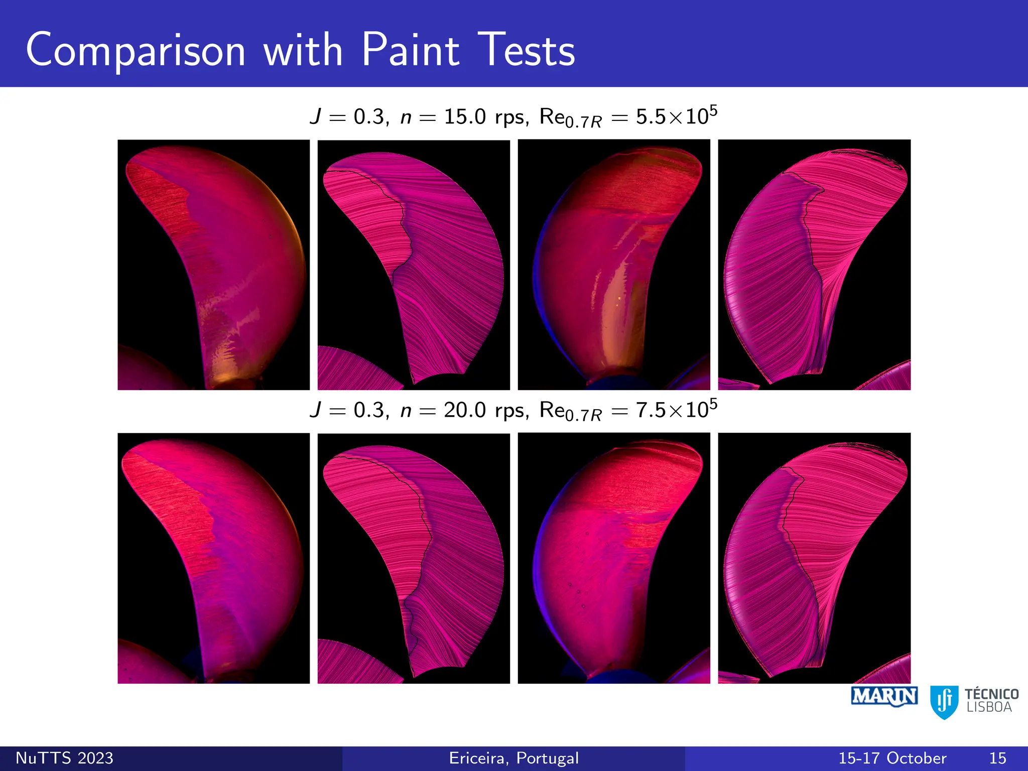 Comparison with Paint Tests
J = 0.3, n = 15.0 rps, Re0.7R = 5.5×105
J = 0.3, n = 20.0 rps, Re0.7R = 7.5×105
NuTTS 2023 Ericeira, Portugal 15-17 October 15
 