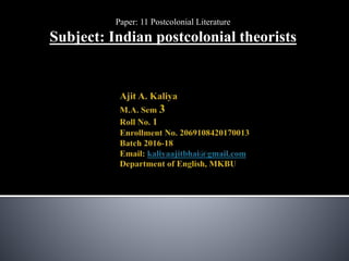 Paper: 11 Postcolonial Literature
Subject: Indian postcolonial theorists
 