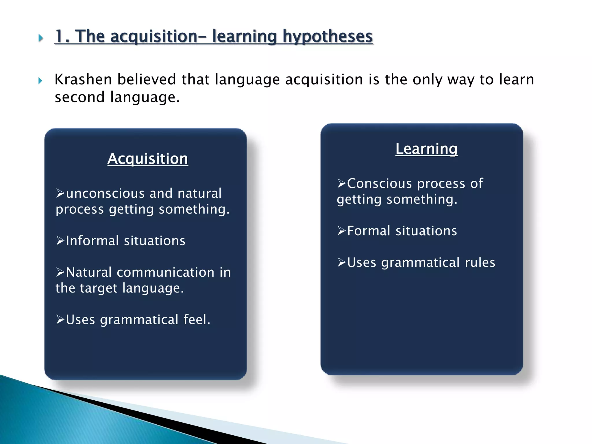  1. The acquisition- learning hypotheses
 Krashen believed that language acquisition is the only way to learn
second language.
Acquisition
unconscious and natural
process getting something.
Informal situations
Natural communication in
the target language.
Uses grammatical feel.
Learning
Conscious process of
getting something.
Formal situations
Uses grammatical rules
 