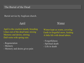 The Burial of the Dead
Burial service by Anglican church.
April
April is the cruelest month, breeding
Lilacs out of the de...