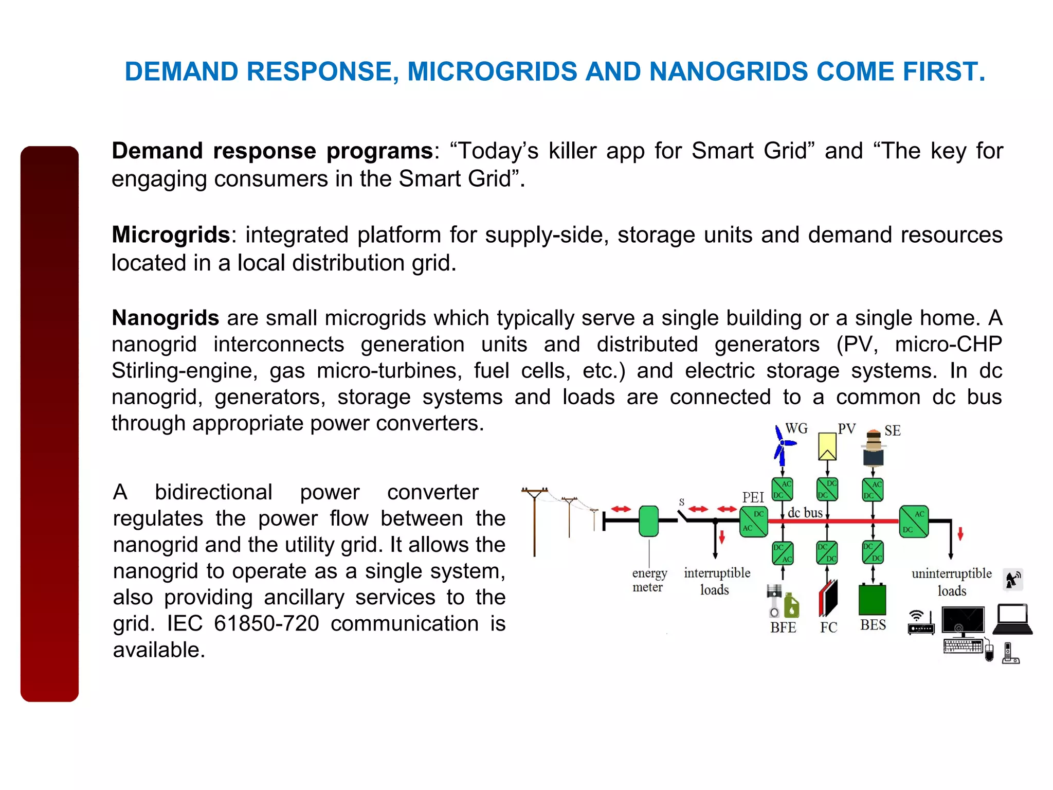Demand response programs: “Today’s killer app for Smart Grid” and “The key for
engaging consumers in the Smart Grid”.
Microgrids: integrated platform for supply-side, storage units and demand resources
located in a local distribution grid.
Nanogrids are small microgrids which typically serve a single building or a single home. A
nanogrid interconnects generation units and distributed generators (PV, micro-CHP
Stirling-engine, gas micro-turbines, fuel cells, etc.) and electric storage systems. In dc
nanogrid, generators, storage systems and loads are connected to a common dc bus
through appropriate power converters.
A bidirectional power converter
regulates the power flow between the
nanogrid and the utility grid. It allows the
nanogrid to operate as a single system,
also providing ancillary services to the
grid. IEC 61850-720 communication is
available.
DEMAND RESPONSE, MICROGRIDS AND NANOGRIDS COME FIRST.
 