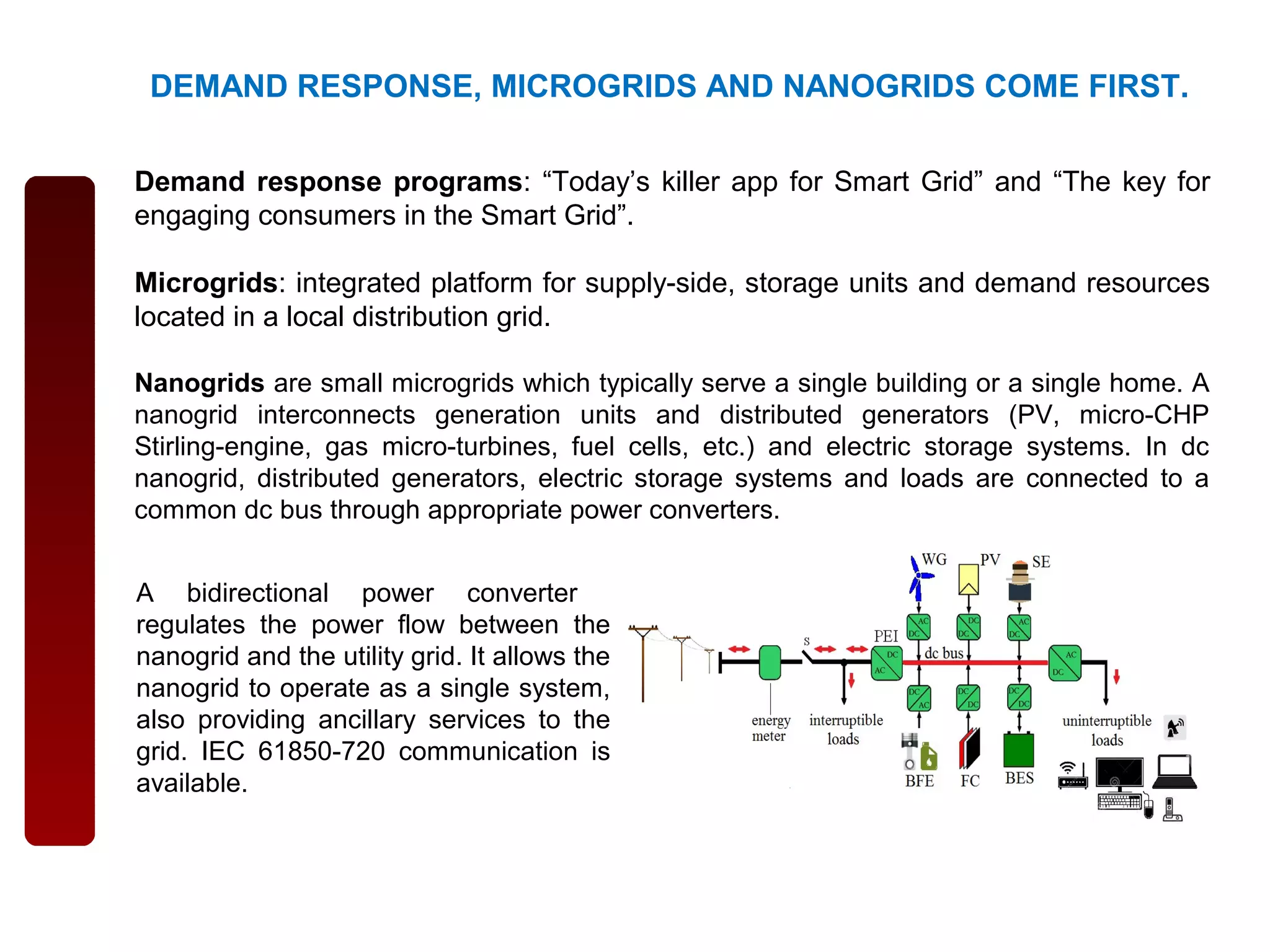Demand response programs: “Today’s killer app for Smart Grid” and “The key for
engaging consumers in the Smart Grid”.
Microgrids: integrated platform for supply-side, storage units and demand resources
located in a local distribution grid.
Nanogrids are small microgrids which typically serve a single building or a single home. A
nanogrid interconnects generation units and distributed generators (PV, micro-CHP
Stirling-engine, gas micro-turbines, fuel cells, etc.) and electric storage systems. In dc
nanogrid, distributed generators, electric storage systems and loads are connected to a
common dc bus through appropriate power converters.
A bidirectional power converter
regulates the power flow between the
nanogrid and the utility grid. It allows the
nanogrid to operate as a single system,
also providing ancillary services to the
grid. IEC 61850-720 communication is
available.
DEMAND RESPONSE, MICROGRIDS AND NANOGRIDS COME FIRST.
 