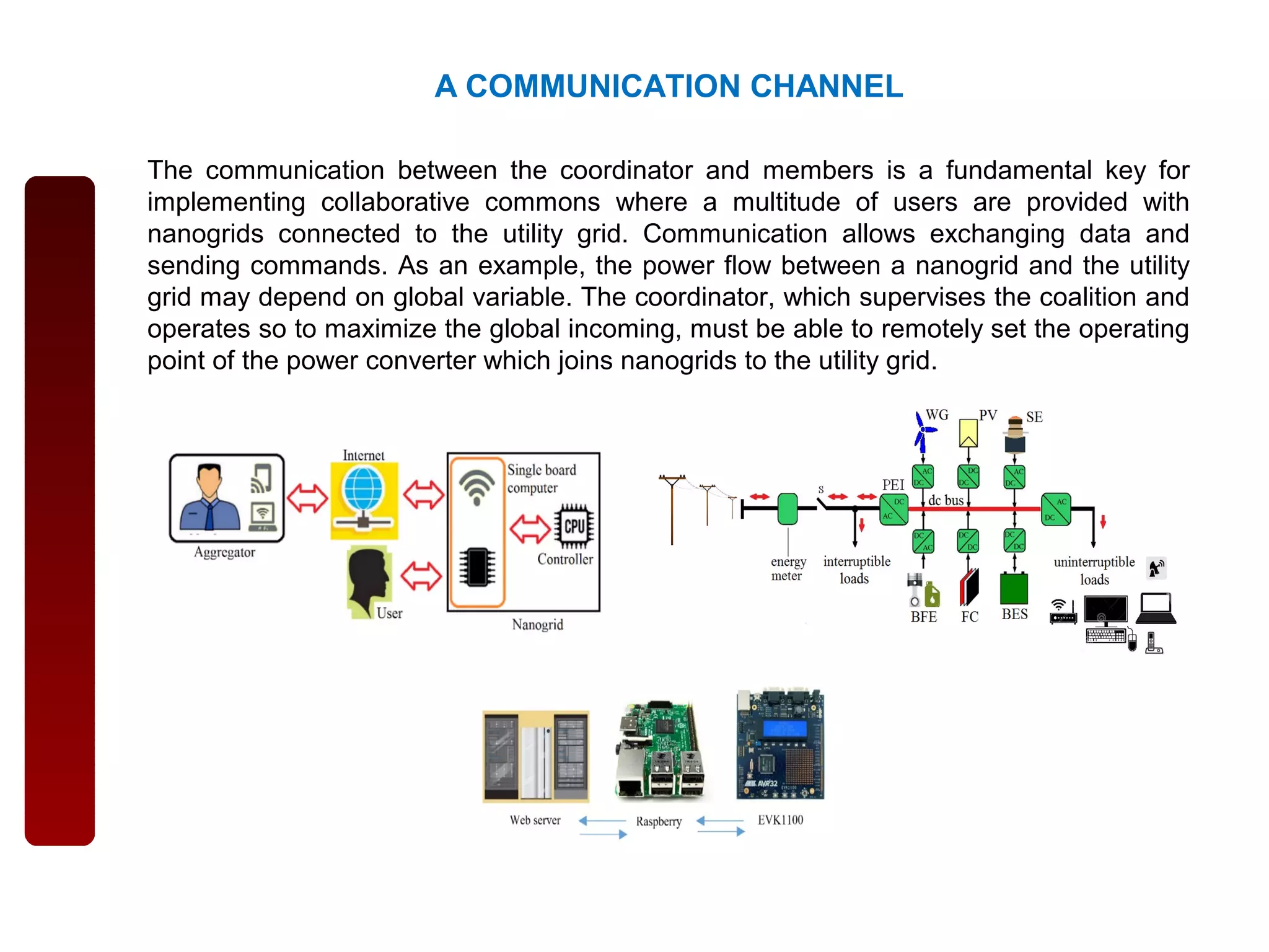 The communication between the coordinator and members is a fundamental key for
implementing collaborative commons where a multitude of users are provided with
nanogrids connected to the utility grid. Communication allows exchanging data and
sending commands. As an example, the power flow between a nanogrid and the utility
grid may depend on global variable. The coordinator, which supervises the coalition and
operates so to maximize the global incoming, must be able to remotely set the operating
point of the power converter which joins nanogrids to the utility grid.
A COMMUNICATION CHANNEL
 