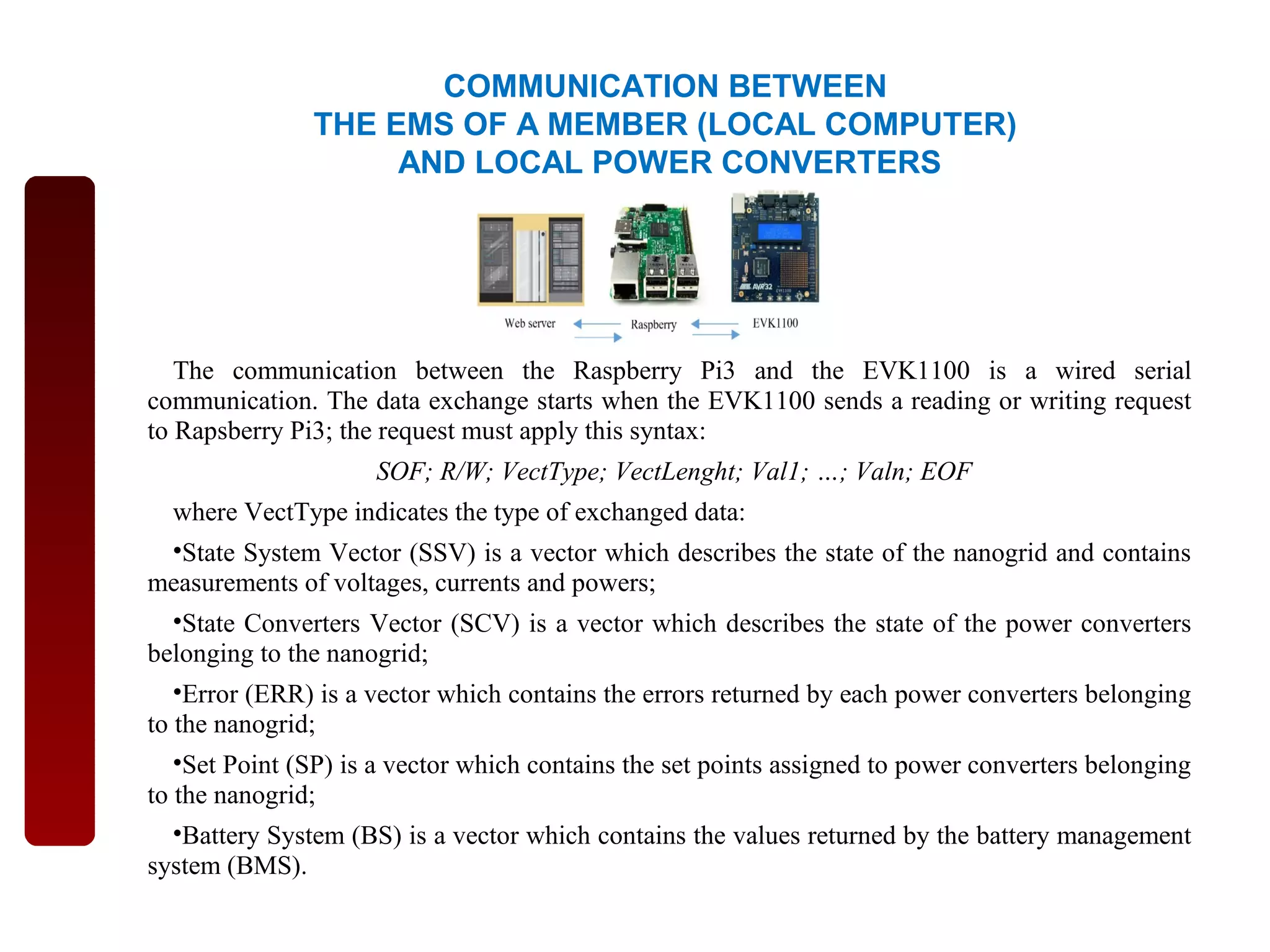 The communication between the Raspberry Pi3 and the EVK1100 is a wired serial
communication. The data exchange starts when the EVK1100 sends a reading or writing request
to Rapsberry Pi3; the request must apply this syntax:
SOF; R/W; VectType; VectLenght; Val1; …; Valn; EOF
where VectType indicates the type of exchanged data:
•State System Vector (SSV) is a vector which describes the state of the nanogrid and contains
measurements of voltages, currents and powers;
•State Converters Vector (SCV) is a vector which describes the state of the power converters
belonging to the nanogrid;
•Error (ERR) is a vector which contains the errors returned by each power converters belonging
to the nanogrid;
•Set Point (SP) is a vector which contains the set points assigned to power converters belonging
to the nanogrid;
•Battery System (BS) is a vector which contains the values returned by the battery management
system (BMS).
COMMUNICATION BETWEEN
THE EMS OF A MEMBER (LOCAL COMPUTER)
AND LOCAL POWER CONVERTERS
 