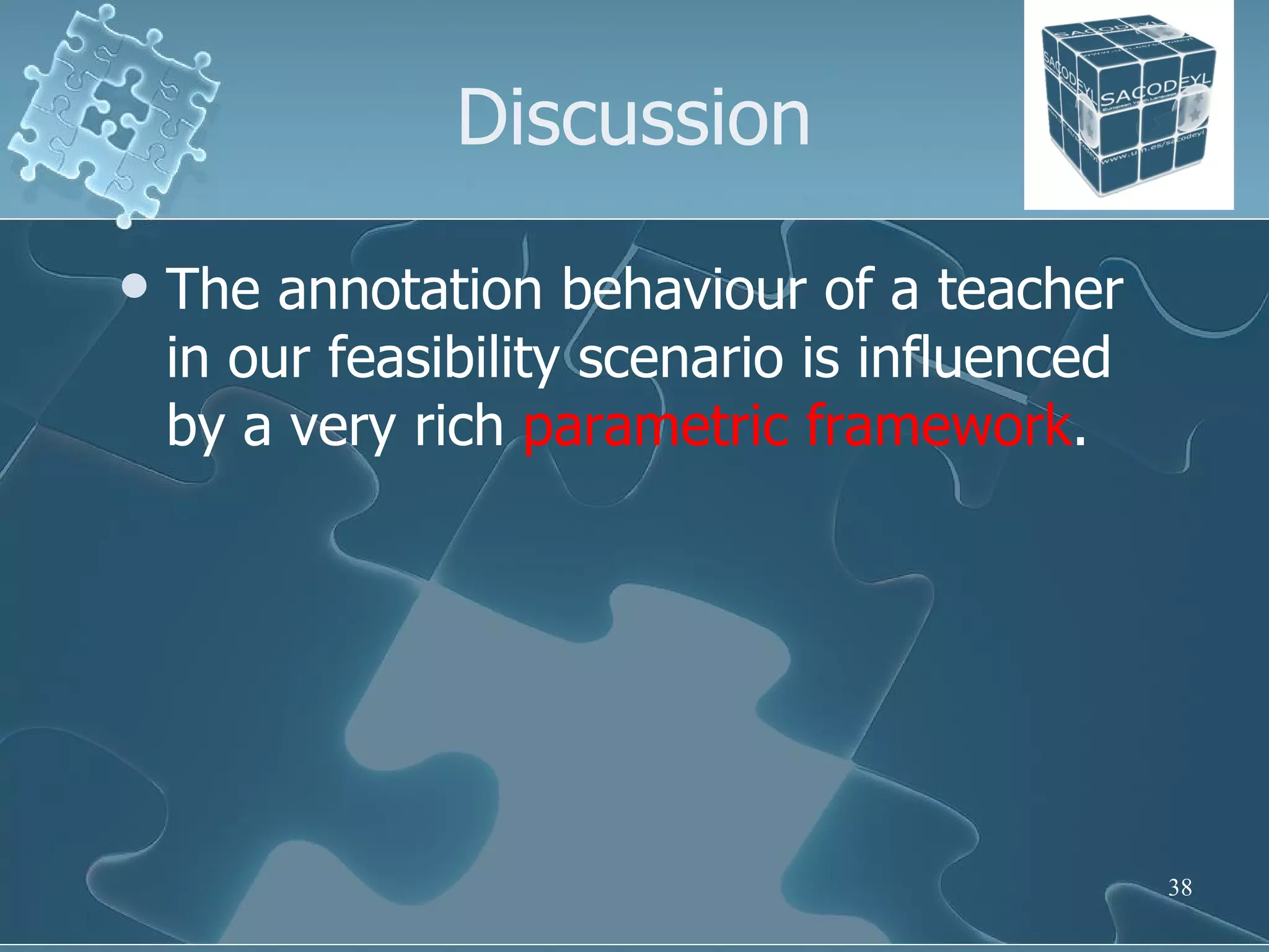 Discussion The annotation behaviour of a teacher in our feasibility scenario is influenced by a very rich  parametric framework . 