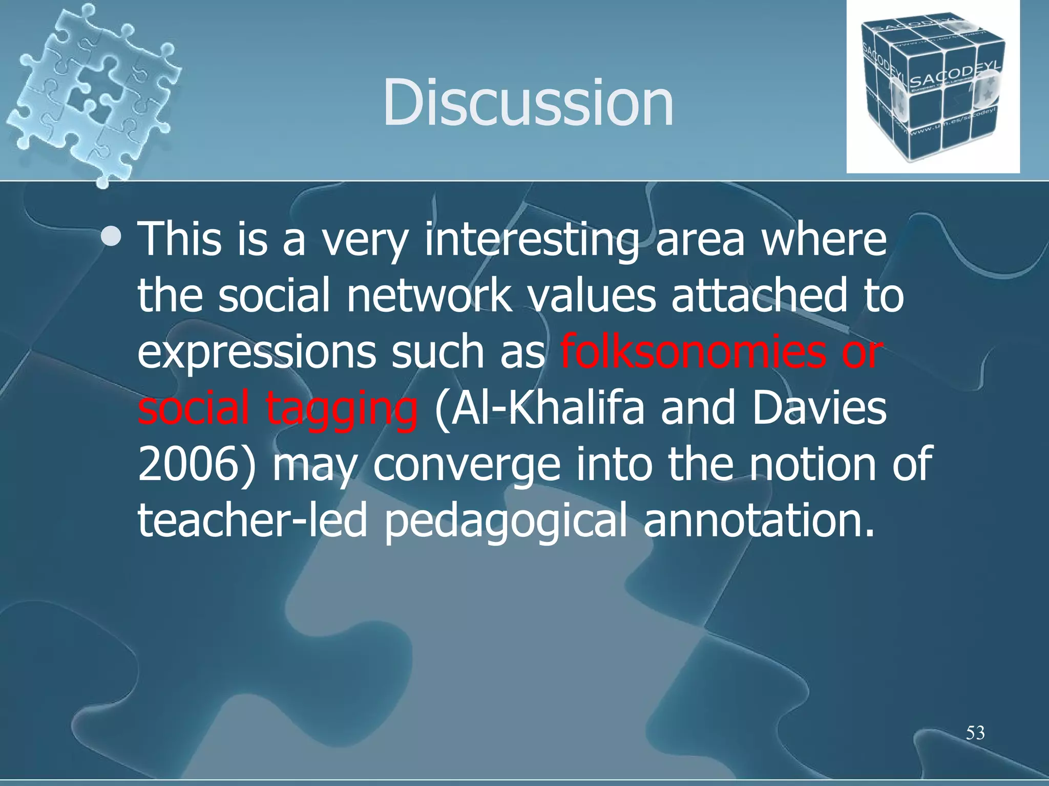 Discussion This is a very interesting area where the social network values attached to expressions such as  folksonomies or social tagging  (Al-Khalifa and Davies 2006) may converge into the notion of teacher-led pedagogical annotation.  