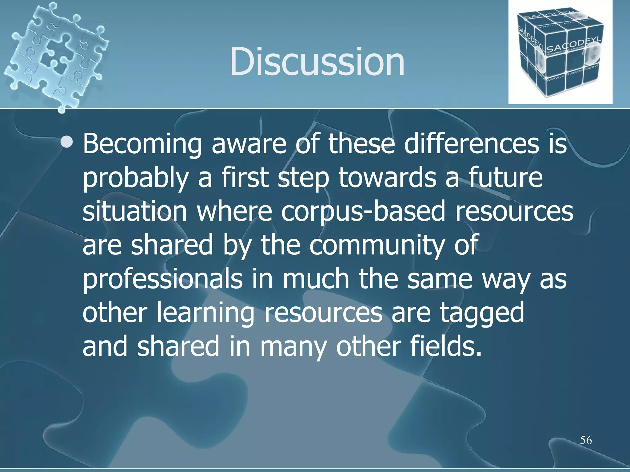 Discussion Becoming aware of these differences is probably a first step towards a future situation where corpus-based resources are shared by the community of professionals in much the same way as other learning resources are tagged and shared in many other fields. 