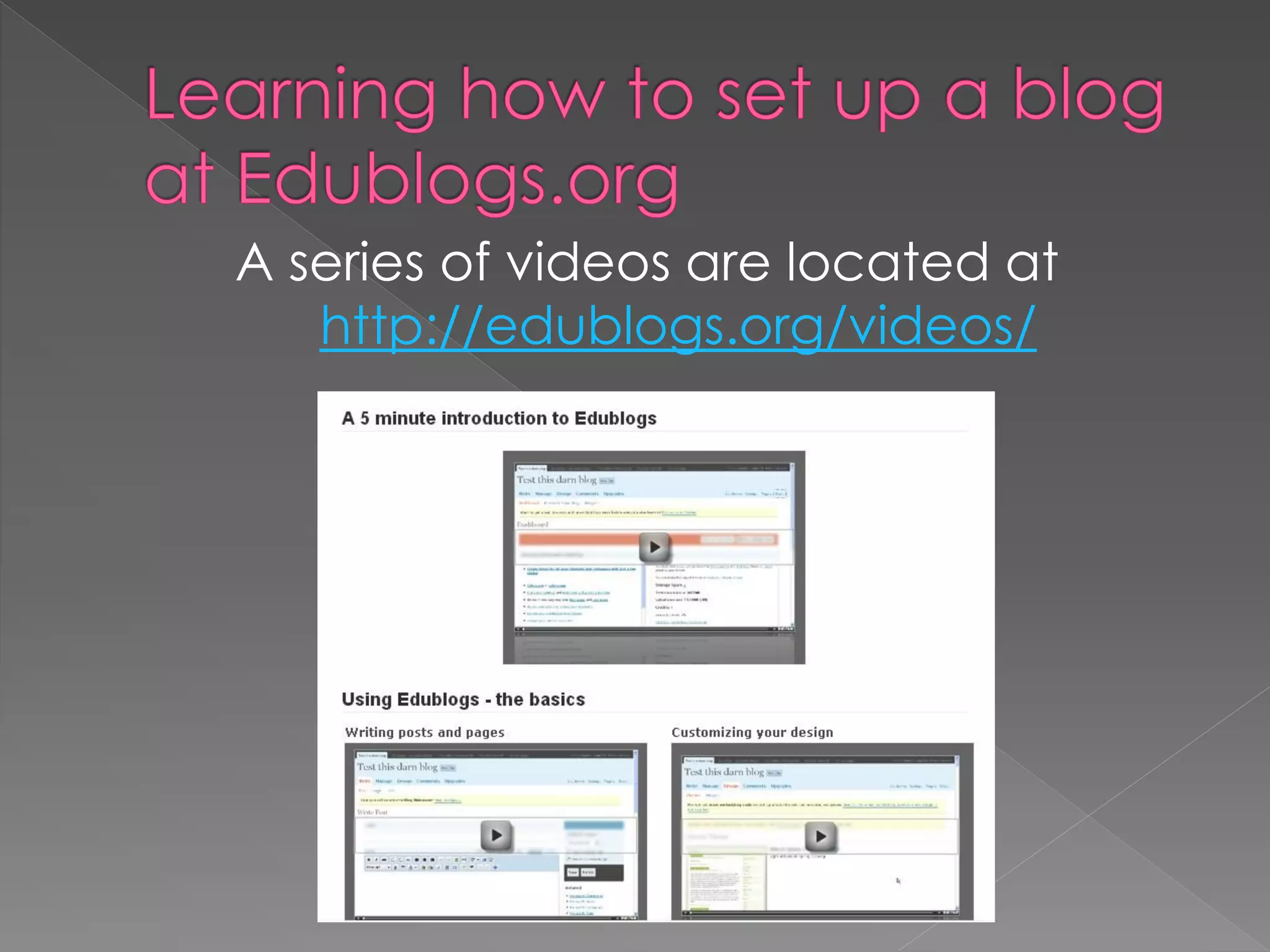 A series of videos are located at
   http://edublogs.org/videos/
 