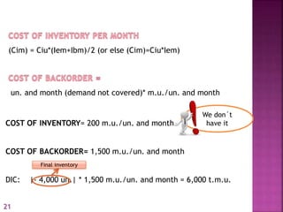 (Cim) = Ciu*(Iem+Ibm)/2 (or else (Cim)=Ciu*Iem)
un. and month (demand not covered)* m.u./un. and month
COST OF INVENTORY= 200 m.u./un. and month.
COST OF BACKORDER= 1,500 m.u./un. and month
DIC: |- 4,000 un.| * 1,500 m.u./un. and month = 6,000 t.m.u.
We don´t
have it
Final inventory
21
 