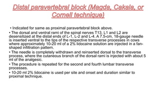 • Indicated for same as proximal paravertebral block above.
• The dorsal and ventral rami of the spinal nerves T13, L1 and L2 are
desensitized at the distal ends of L-1, L-2 and L-4. A 7.5-cm, 18-gauge needle
is inserted ventral to the tips of the respective transverse processes in cows
where approximately 10-20 ml of a 2% lidocaine solution are injected in a fan-
shaped infiltration pattern.
• The needle is completely withdrawn and reinserted dorsal to the transverse
process, where the cutaneous branch of the dorsal rami is injected with about 5
ml of the analgesic.
• The procedure is repeated for the second and fourth lumbar transverse
processes.
• 10-20 ml 2% lidocaine is used per site and onset and duration similar to
proximal technique.
 