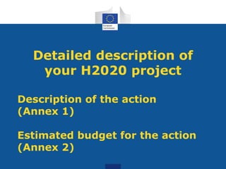 Detailed description of 
your H2020 project 
Description of the action 
(Annex 1) 
Estimated budget for the action 
(Annex 2) 
 