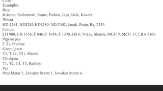 Crop
Examples
Rice
Krishna, Sarbarmati, Ratna, Padma, Jaya, Bala, Kaveri
Wheat
HD 2281, HD2285,HD2380, ND 2402, Janak, Pratp, Raj 2535
Cotton
LH 900, LH 1556, F 846, F 1054, F 1378, HS 6, Vikas, Sharda, MCU 9, MCU 11, LRA 5166
Pigeon pea
T 21, Prabhat
Green gram
T2, T 44, T51, Sheela
Chickpea
T1, T2, T3, T5, Radhey
Pea
Pant Matar 2, Jawahar Matar 1, Jawakar Matar 4
 