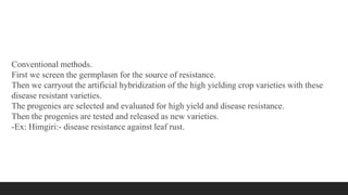 Conventional methods.
First we screen the germplasm for the source of resistance.
Then we carryout the artificial hybridization of the high yielding crop varieties with these
disease resistant varieties.
The progenies are selected and evaluated for high yield and disease resistance.
Then the progenies are tested and released as new varieties.
-Ex: Himgiri:- disease resistance against leaf rust.
 