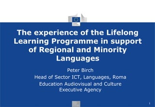 The experience of the Lifelong
Learning Programme in support
   of Regional and Minority
          Languages
                  Peter Birch
     Head of Sector ICT, Languages, Roma
      Education Audiovisual and Culture
              Executive Agency

                                           1
 