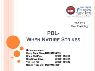 TBF 3023
                                     Plant Physiology


                PBL-
WHEN NATURE STRIKES
Group members:
Wong Siew ChingD20091034815
Chew Mei Ping         D20091034816
Ong Shwu Chyn         D20091034817
Yee Hon Kit           D20091034822
Ngang Huey Chi D20091034861
 