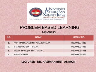 PROBLEM BASED LEARNING MEMBERS : LECTURER : DR. HASIMAH BINTI ALIMON 