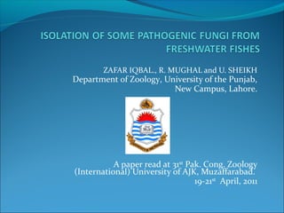 ZAFAR IQBAL., R. MUGHAL and U. SHEIKH
Department of Zoology, University of the Punjab,
New Campus, Lahore.
A paper read at 31st
Pak. Cong. Zoology
(International) University of AJK, Muzaffarabad.
19-21st
April, 2011
 