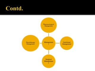 Managemen
t
Pharmacological
Management
Nutritional
Management
Surgical
Managemen
t
Physiotherapy
Management
 