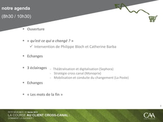 notre agenda
(8h30 / 10h30)
 Ouverture
 « qu’est ce qui a changé ? »
 Intervention de Philippe Bloch et Catherine Barba
 Echanges
 3 éclairages
 Echanges
 « Les mots de la fin »
- Théâtralisation et digitalisation (Sephora)
- Stratégie cross canal (Monoprix)
- Mobilisation et conduite du changement (La Poste)
4
 