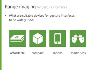 Range-imaging for gesture interfaces
則р What are suitable devices for gesture interfaces
to be widely used?
a#ordable
compact
mobile
markerless
