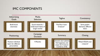 IMC COMPONENTS
Advertising
Goals
Media
Selection
Tagline Consistency
Positioning
Campaign
Duration
Summary Closing
Build brand
awareness
Social networks /
Understand habits of
target market
”FindYour Inner
Creature”
Same graphic
elements, different
beers
Position individual
beers for different
personalities
4 Months
Uncover your passion,
find happiness, and
enjoy the Creature
Comforts of life
What’sYOUR inner
creature?
 