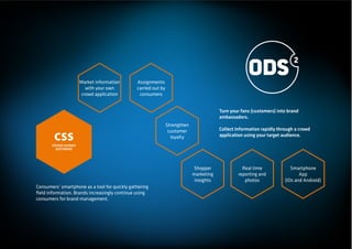 Market information       Assignments
                         with your own         carried out by
                       crowd application        consumers


                                                                                         Turn your fans (customers) into brand
                                                                                         ambassadors.
                                                                Strengthen
                                                                 customer                Collect information rapidly through a crowd
        CSS                                                       loyalty                application using your target audience.
       CROWD SURVEY
         SOFTWARE




                                                                             Shopper                Real time              Smartphone
                                                                             marketing            reporting and                App
                                                                              insights               photos             (iOs and Android)
Consumers’ smartphone as a tool for quickly gathering
ﬁeld information. Brands increasingly continue using
consumers for brand management.
 