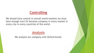 Controlling
We should have control in overall world markets we must
have enough mart Or bonanza company in every market in
every city in every countries of the world.
Analysis
We analysis our company with Oxford brand.
 