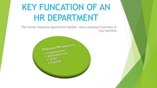 KEY FUNCATION OF AN
HR DEPARTMENT
The human resources department handles many necessary Functions of
your business
 
