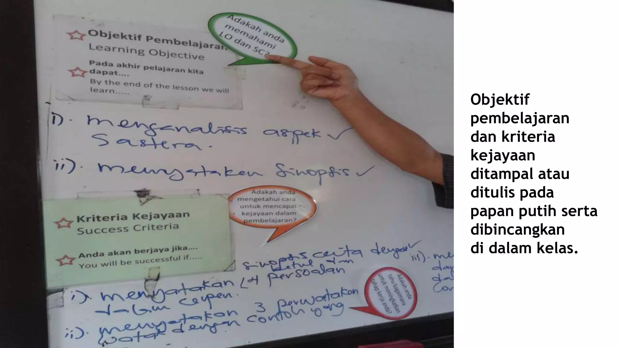Objektif
pembelajaran
dan kriteria
kejayaan
ditampal atau
ditulis pada
papan putih serta
dibincangkan
di dalam kelas.
 