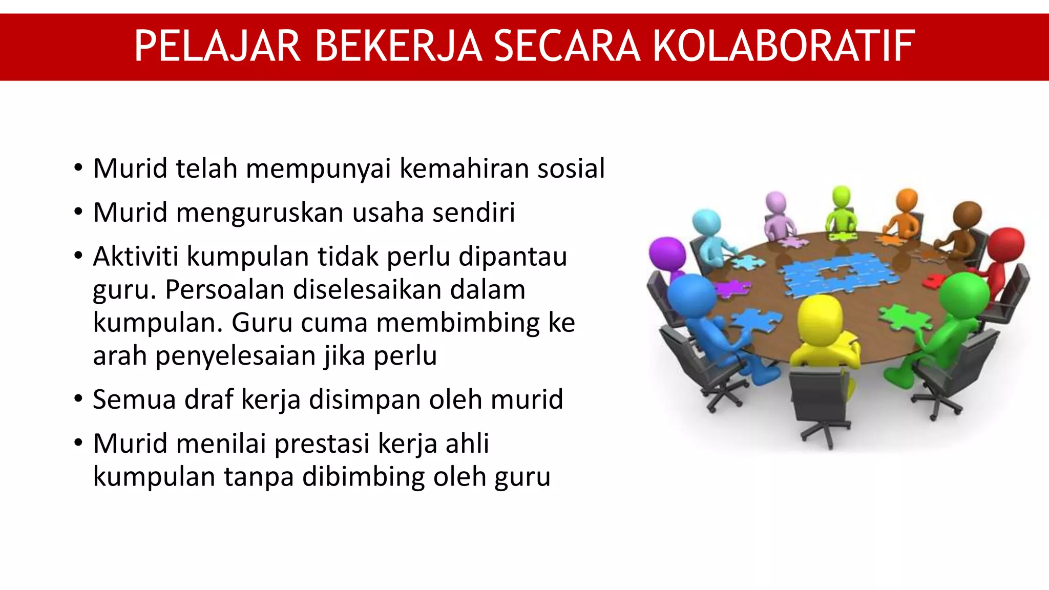 • Murid telah mempunyai kemahiran sosial
• Murid menguruskan usaha sendiri
• Aktiviti kumpulan tidak perlu dipantau
guru. Persoalan diselesaikan dalam
kumpulan. Guru cuma membimbing ke
arah penyelesaian jika perlu
• Semua draf kerja disimpan oleh murid
• Murid menilai prestasi kerja ahli
kumpulan tanpa dibimbing oleh guru
PELAJAR BEKERJA SECARA KOLABORATIF
 