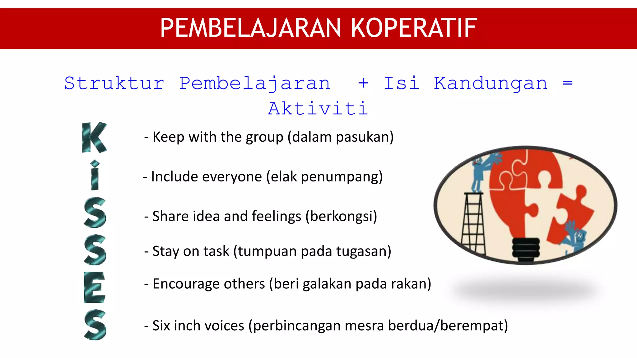 - Keep with the group (dalam pasukan)
PEMBELAJARAN KOPERATIF
- Include everyone (elak penumpang)
- Share idea and feelings (berkongsi)
- Stay on task (tumpuan pada tugasan)
- Encourage others (beri galakan pada rakan)
- Six inch voices (perbincangan mesra berdua/berempat)
Struktur Pembelajaran + Isi Kandungan =
Aktiviti
 
