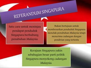 Satu cara untuk meninjau
pendapat penduduk
Singapura berhubung
penubuhan Malaysia.
Bukan bertujuan untuk
membenarkan penduduk Singapura
menolak penubuhan Malaysia tetapi
menerima cadangan dengan
pendirian yang tertentu
Kerajaan Singapura yakin
sebahagian besar parti politik
Singapura menyokong cadangan
Malaysia.
 
