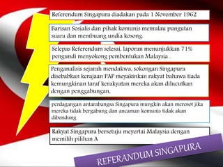 Rakyat Singapura bersetuju meyertai Malaysia dengan
memilih pilihan A
Barisan Sosialis dan pihak komunis memulau pungutan
suara dan membuang undia kosong.
Selepas Referendum selesai, laporan menunjukkan 71%
pengundi menyokong pembentukan Malaysia .
Penganalisis sejarah mendakwa, sokongan Singapura
disebabkan kerajaan PAP meyakinkan rakyat bahawa tiada
kemungkinan taraf kerakyatan mereka akan dilucutkan
dengan penggabungan,
perdagangan antarabangsa Singapura mungkin akan merosot jika
mereka tidak bergabung dan ancaman komunis tidak akan
dibendung
Referendum Singapura diadakan pada 1 November 1962
 