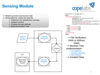 Sensing Module
 Maestro provide local sensors data
 PersonalSense verifies the data file
 Implement the classification process
 Analyze sensors
 Choose the best attribute
 Build the Decision Tree
7
 