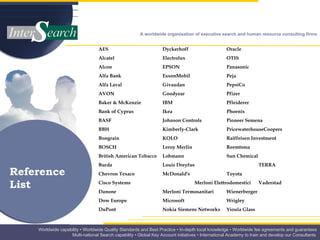 Reference List AES Dyckerhoff Oracle Alcatel Electrolux  OTIS Alcon EPSON  Panasonic Alfa Bank ExxonMobil Peja Alfa Laval  Givaudan  PepsiCo    AVON  Goodyear  Pfizer Baker & McKenzie  IBM Pfleiderer Bank of Cyprus  Ikea Phoenix BASF  Johnson Controls Pioneer Semena BBH  Kimberly-Clark  PricewaterhouseCoopers  Bongrain    KOLO Raiffeisen Investment BOSCH Leroy Merlin  Reemtsma British American Tobacco Lohmann  Sun Chemical Burda Louis Dreyfus TERRA Chevron Texaco McDonald's  Toyota Cisco Systems Merloni Elettrodomestici  Vaderstad Danone Merloni Termosanitari  Wienerberger Dow Europe Microsoft  Wrigley DuPont Nokia Siemens Networks  Yioula Glass   