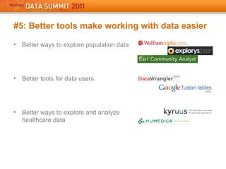 #5: Better tools make working with data easier
• Better ways to explore population data
• Better tools for data users
• Better ways to explore and analyze
healthcare data
 